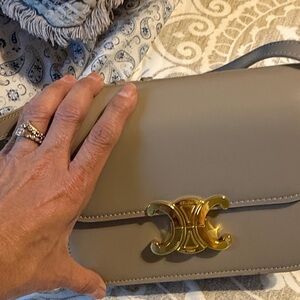 Gold-Accented Taupe Shoulder Bag for